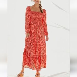 Anthropologie Dolan Smocked Red Motif Maxi Dress XS Pink Floral Long Sleeves
